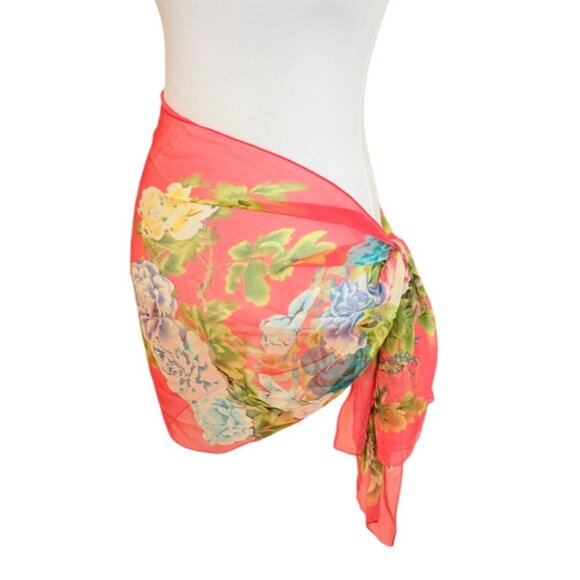 Summer Floral Garden Scarf Wrap Coral Chiffon Lightweight Sheer Silk-Feel Fabric - Picture 3 of 12